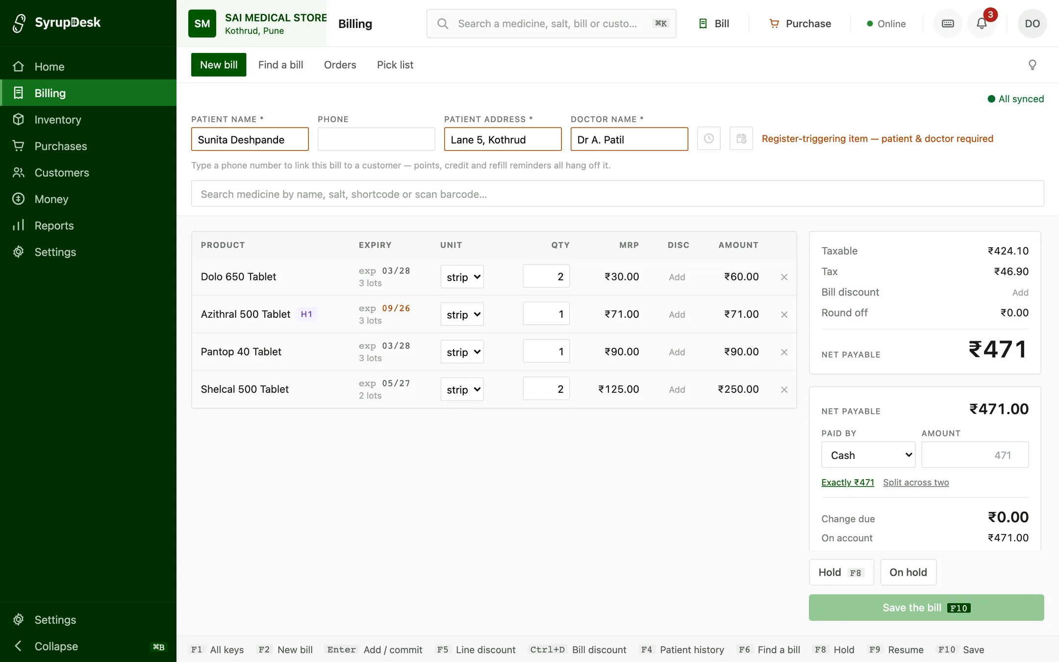 SyrupDesk billing screen with four medicines on a bill, a Schedule H1 item flagged, and ₹471 net payable.