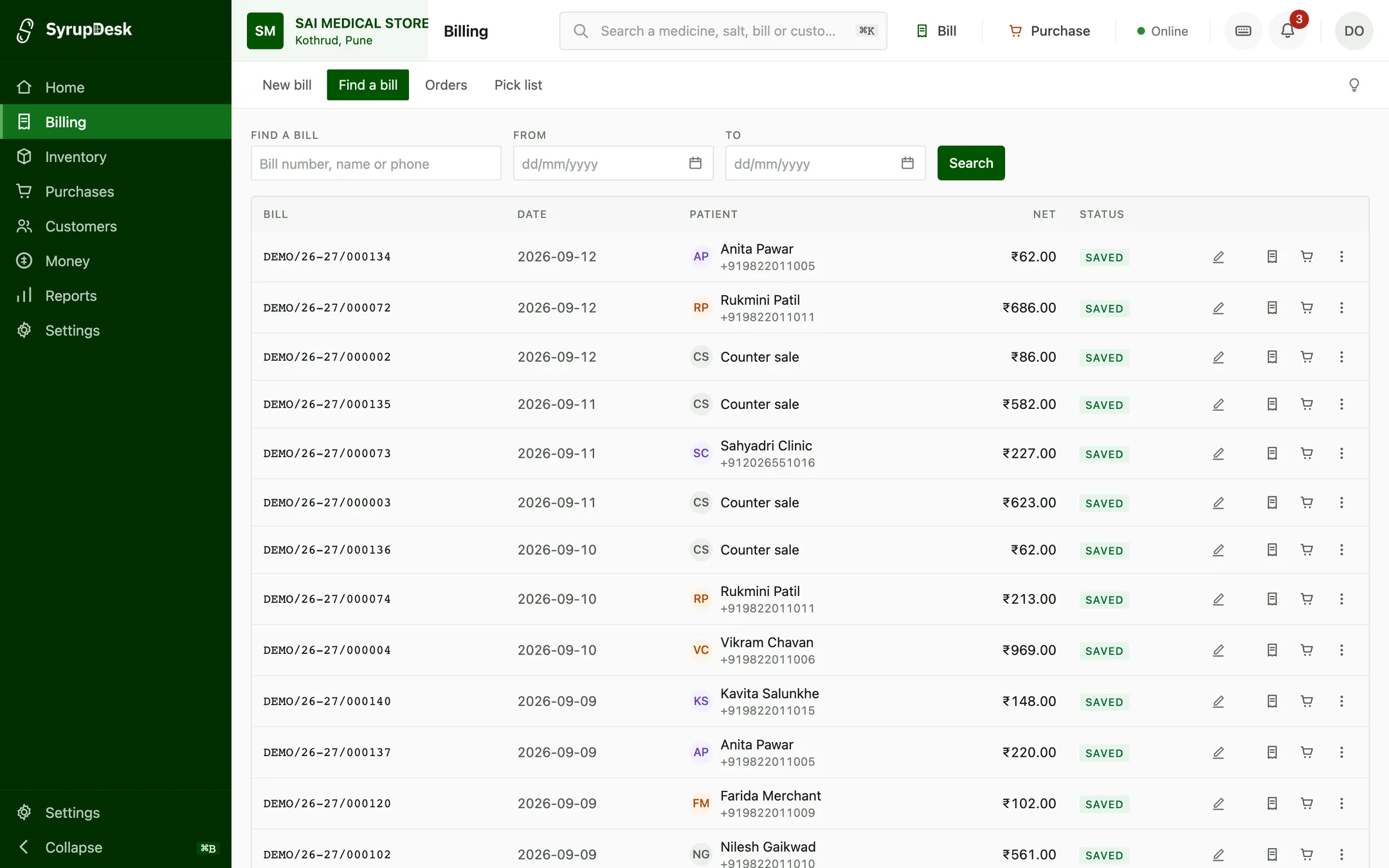 The SyrupDesk bill register: every bill raised, with its bill number, date, patient, net value and status, searchable by number, name, phone or date range.