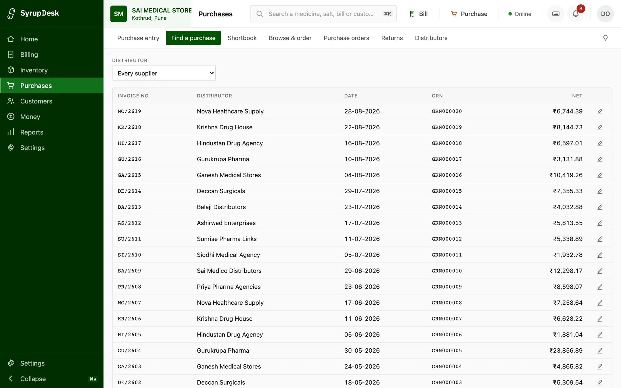The SyrupDesk purchase register listing distributor invoices with their invoice number, distributor, date, goods-receipt number and net value.