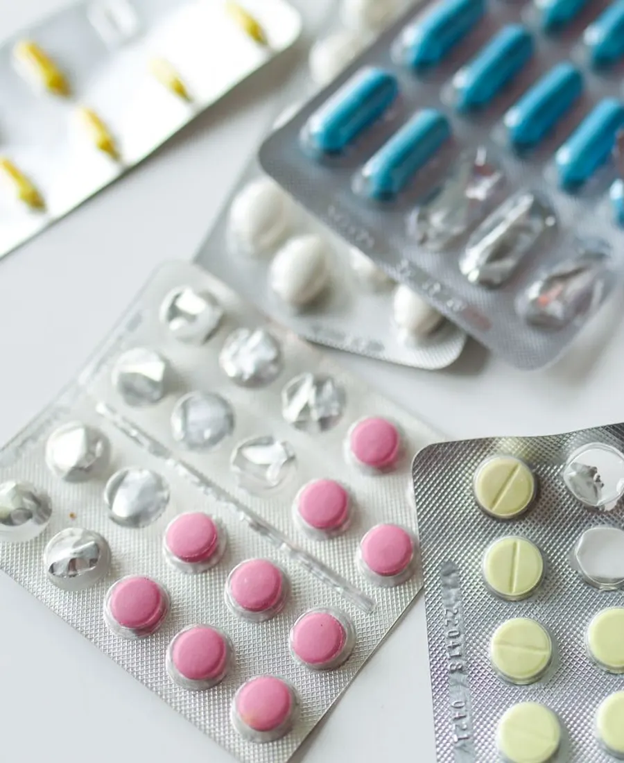Blister strips of colourful tablets and capsules